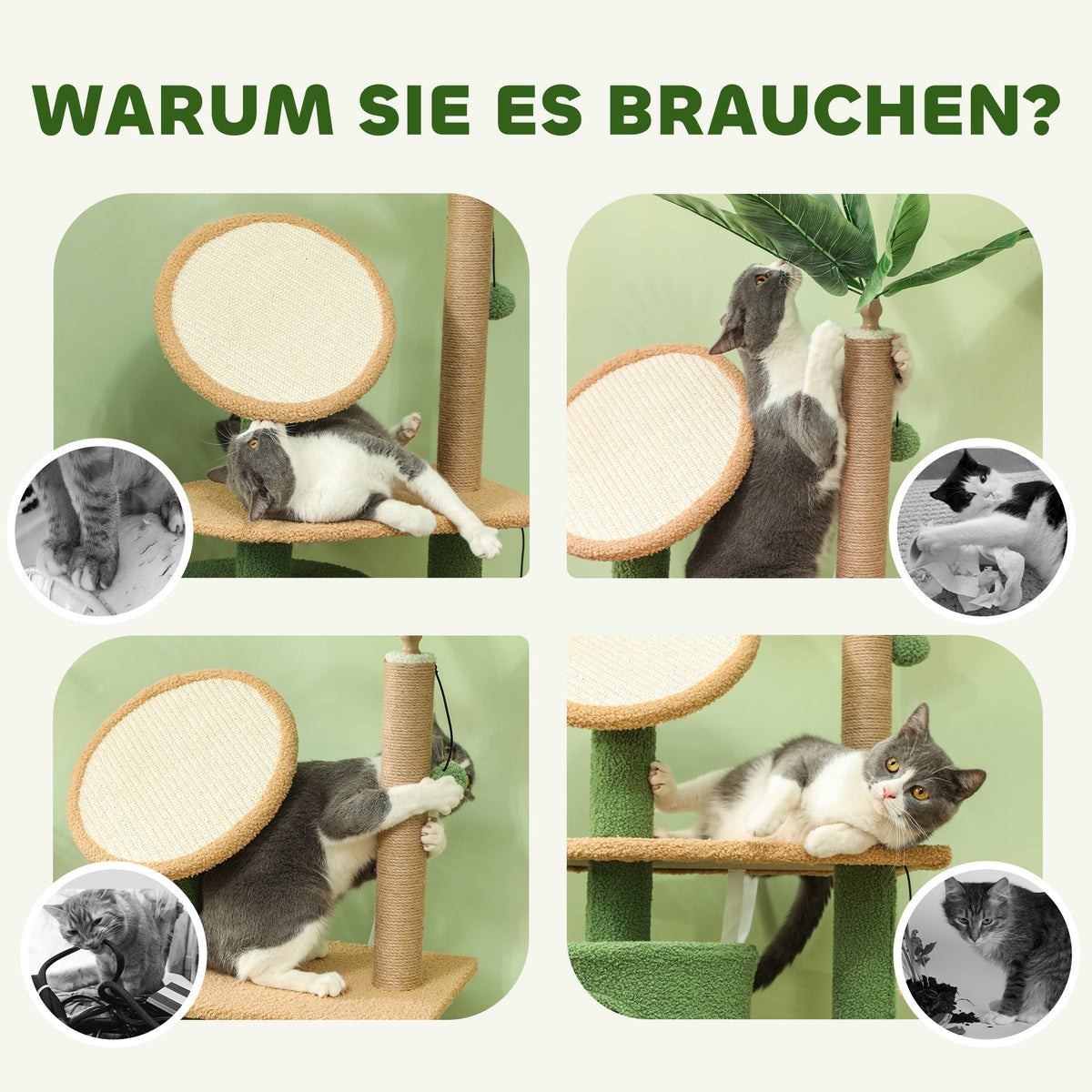 PawHut Kratzbaum, 139 cm Katzenbaum mit Höhle, Spielbällen, Sisal-Kratzpfosten und Plattformen, für zwei Katzen, Grün