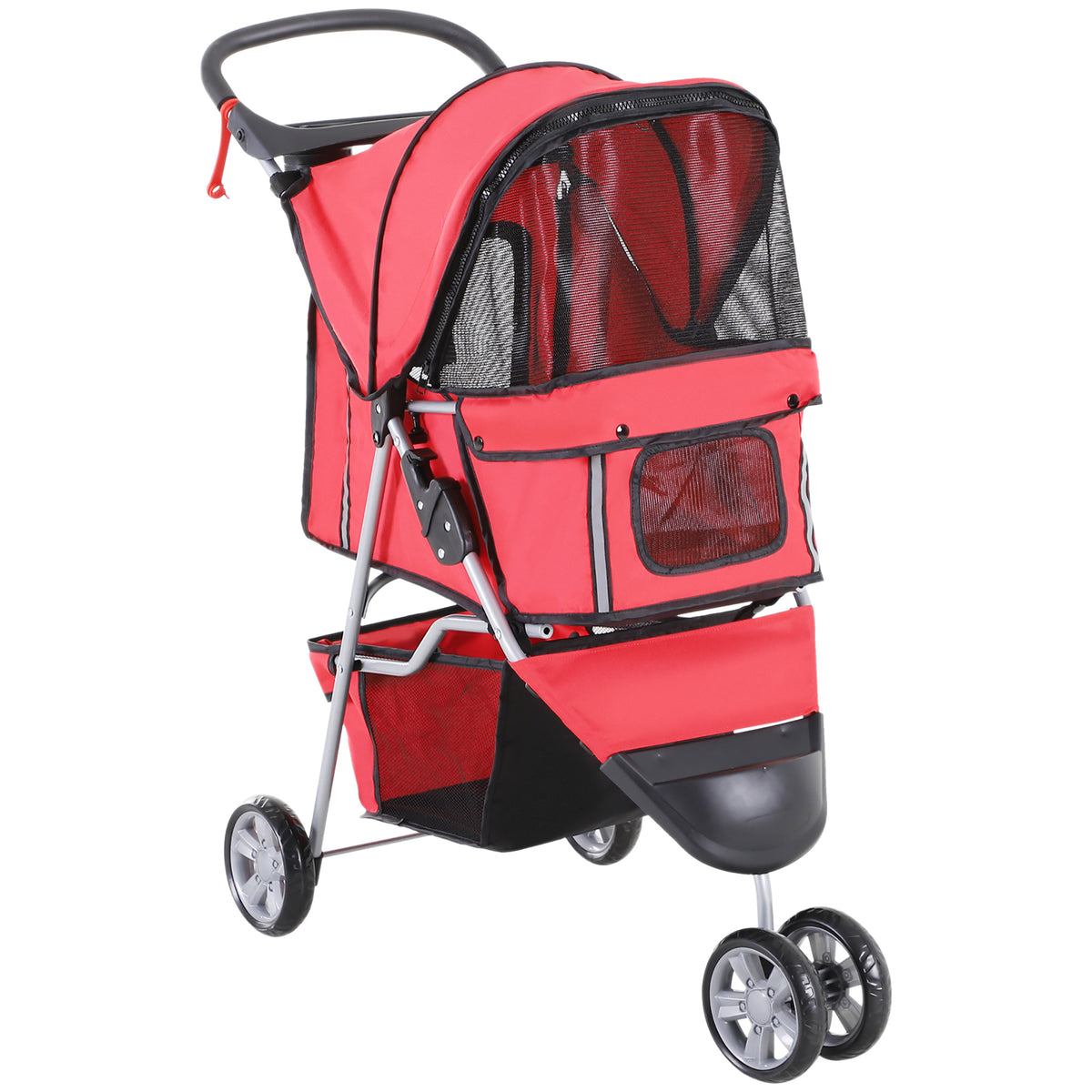 PawHut Hundewagen Hundebuggy bis 10 kg Klappbar Bodenkorb 2 Becherhalter verstellbares Vordach Rot