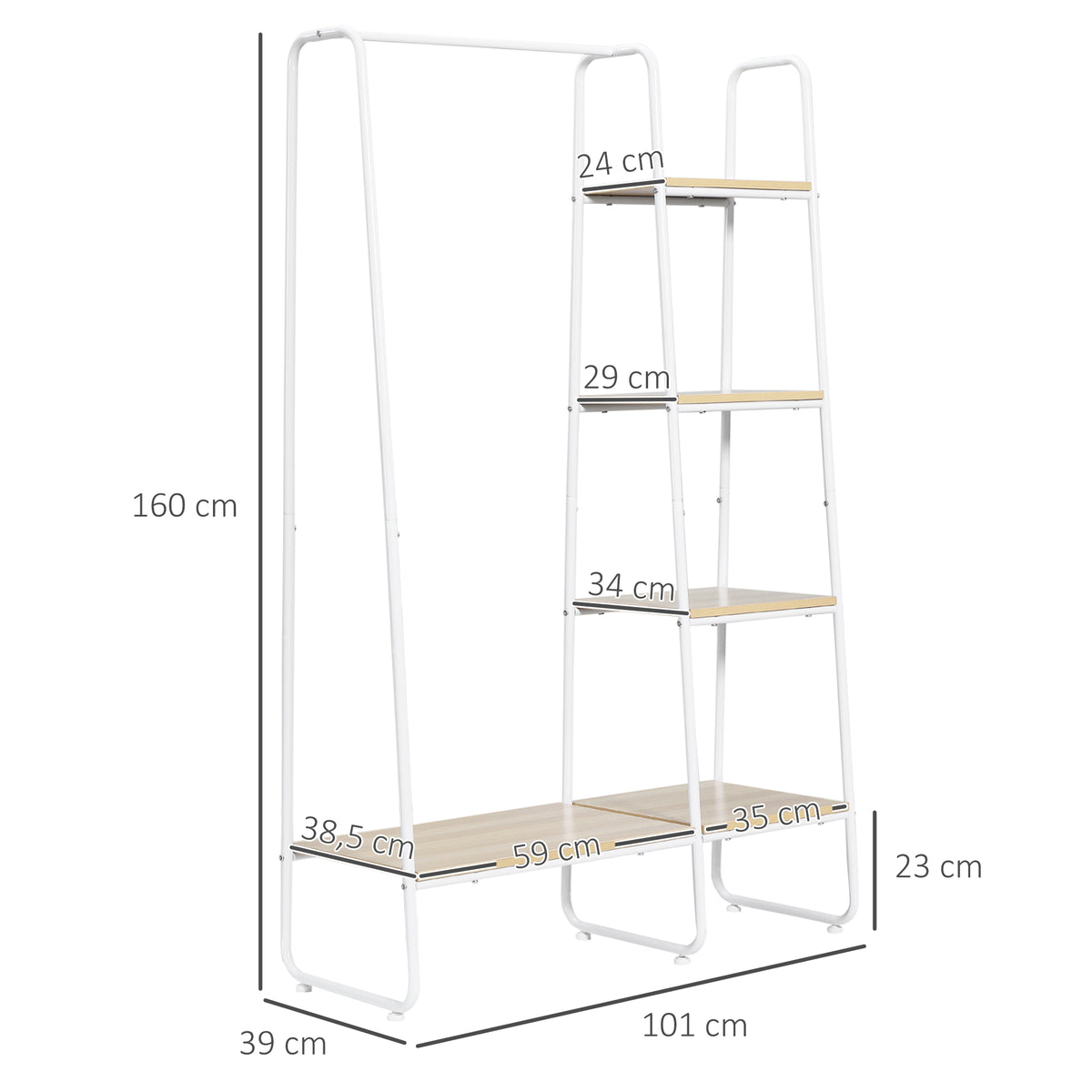 HOMCOM Kleiderständer Garderobenständer, 5 Regale u. 1 Kleiderstange 101 cm x 39 cm x 160 cm