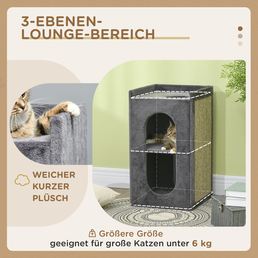 PawHut Kratztonne mit 2 Katzenhöhlen, 1 Liegefläche, Sisal-Kratzmatte, Plüsch, Grau + Natur