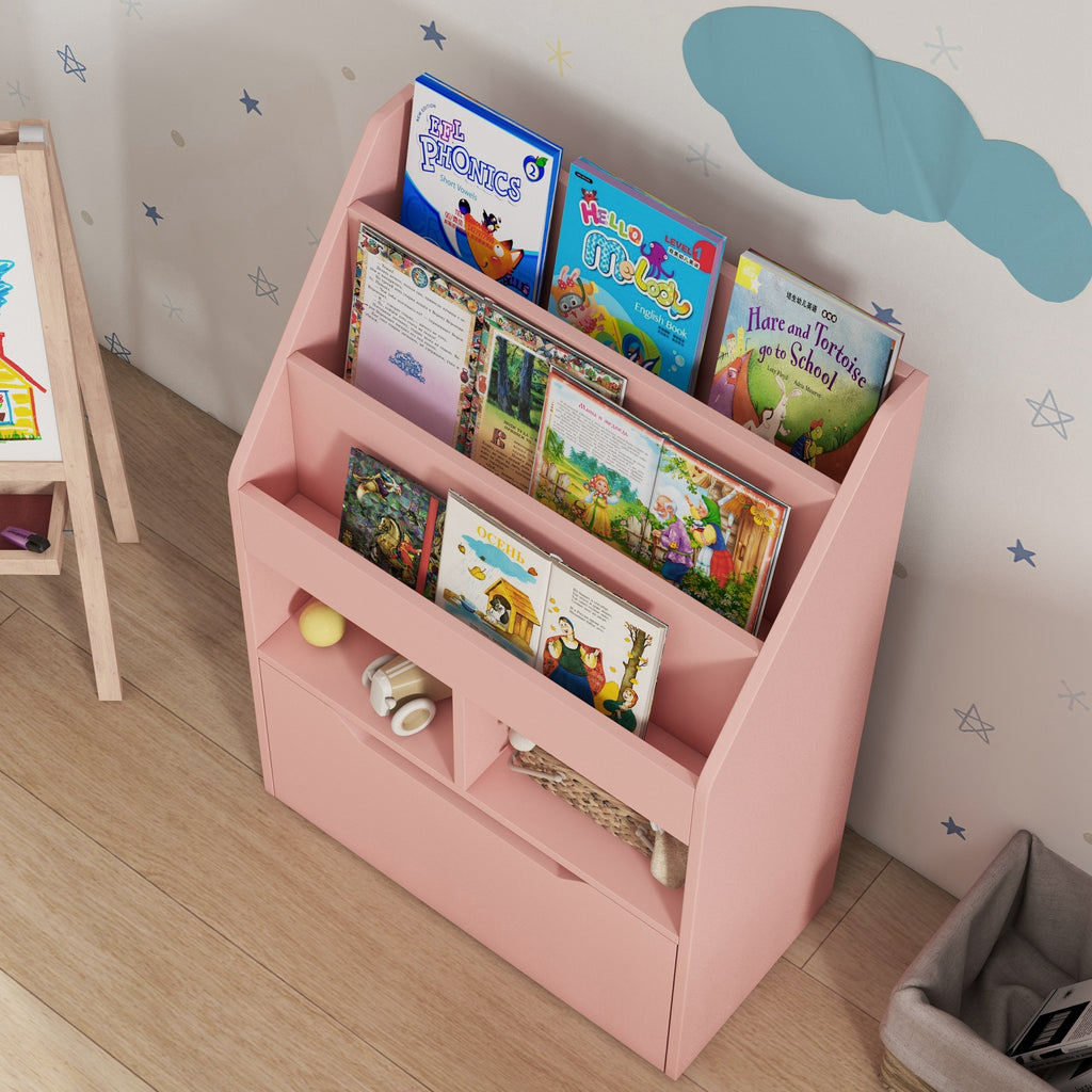 HOMCOM Bücherregal mit Mehrfach-Aufbewahrung 3 Regale 2 Fächer Große Schublade aus Holz Rosa
