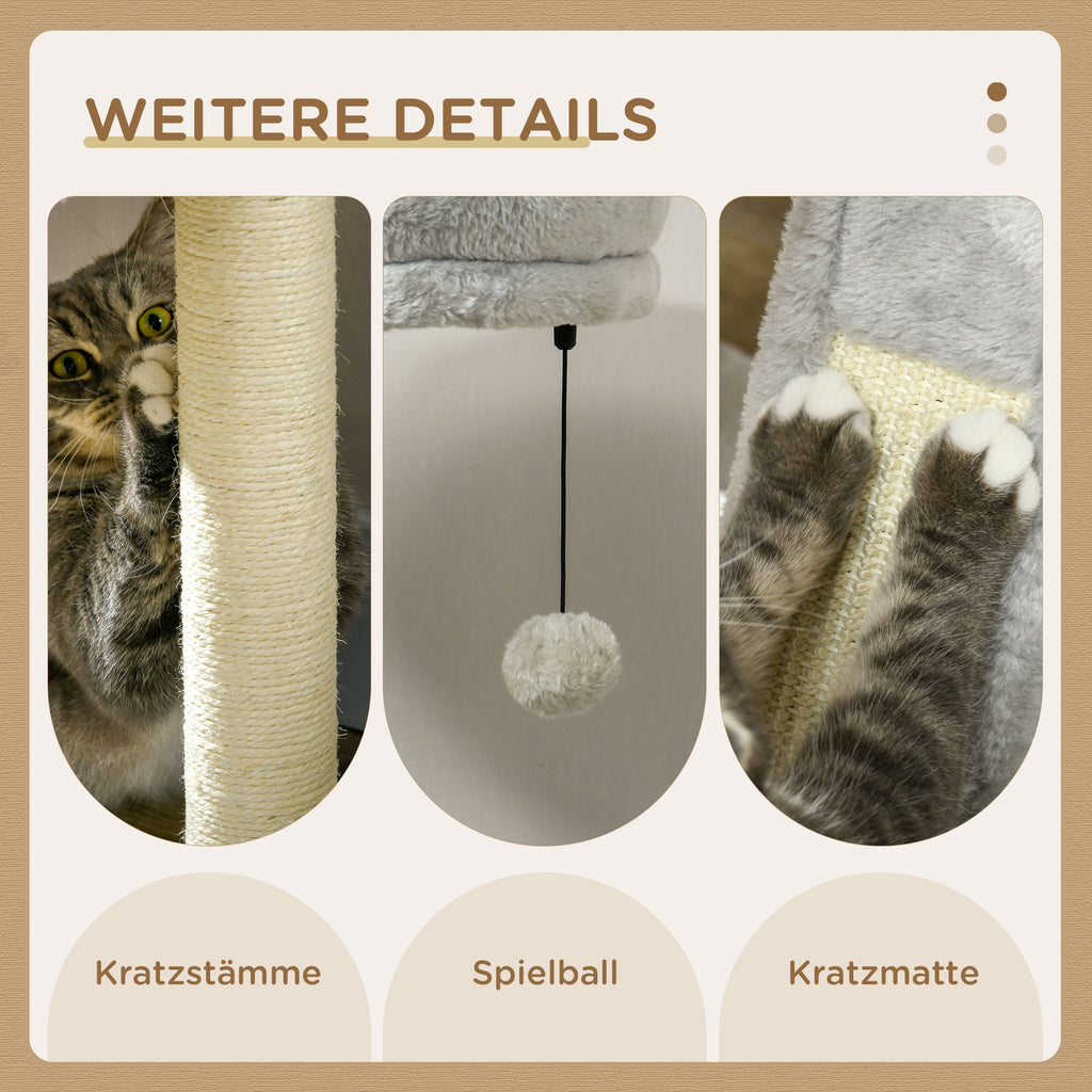 PawHut Kratzbaum mit Katzenhöhle. Katzenbaum, 1 Katzenhöhle, 1Hängematte, 1 Katzenbett, 1 Liegefläche, Natur+ Weiß + Grau