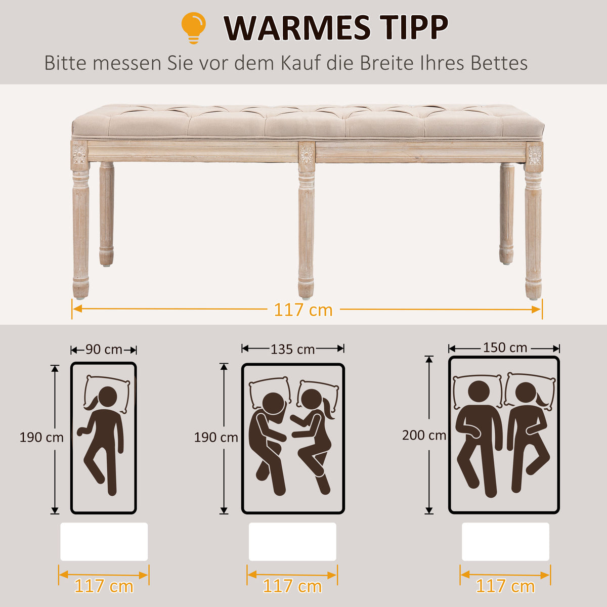 HOMCOM Sitzbank Vintagedesign Vintagebank, Knopfheftung, gedrechselte Beine, Shabby Chic, Creme + Weiß