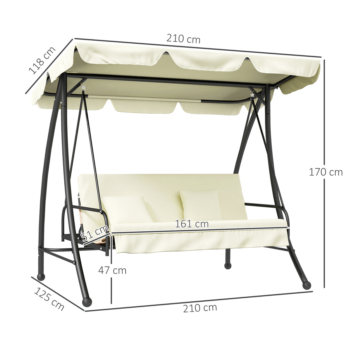 Outsunny Hollywoodschaukel, Schaukelbank mit Liege-Funktion, 3 Sitzer, Metall+Polyester, 200 x 125 x 170 cm, Weiß