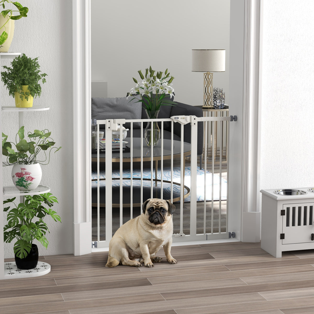PawHut Türschutzgitter für Hunde, Absperrgitter, Schutzgitter für Haustiere, Metall, Kunststoff, ,74-80/87-94 cm, Weiß