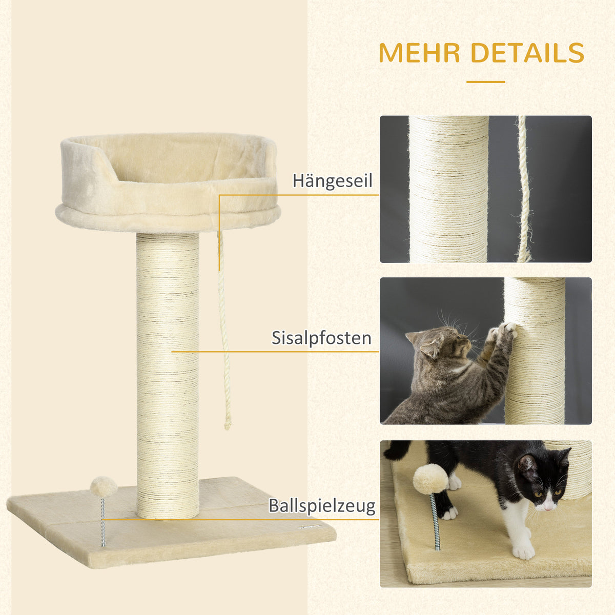 PawHut Kratzbaum Katzenbaum Katzenbett, 1 Katzenbett, inkl. Katzenspielzeug, 55 cm x 55 cm x 83 cm, Beige