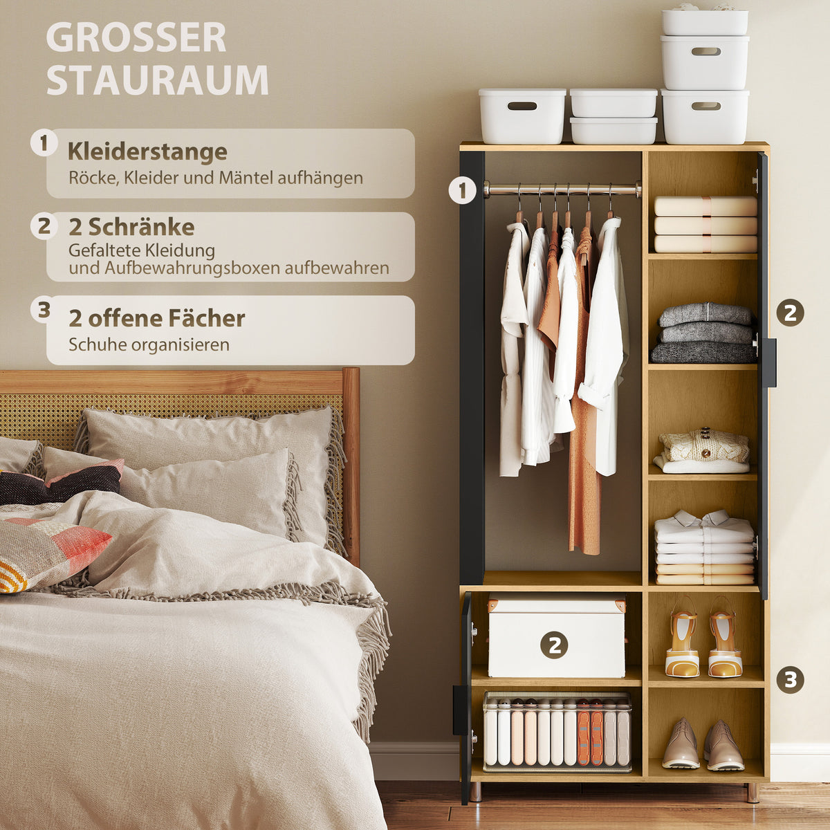 HOMCOM Kleiderschrank mit Spiegel und Hängestange, Aufbewahrungsfächer, offene Ablageflächen, Naturholz, Schwarz
