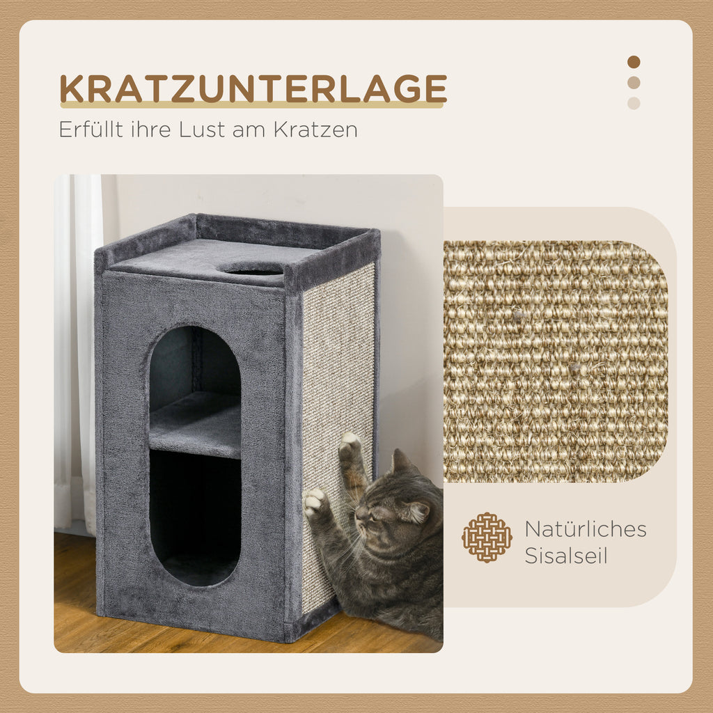 PawHut Kratztonne mit 2 Katzenhöhlen, 1 Liegefläche, Sisal-Kratzmatte, Plüsch, Grau + Natur