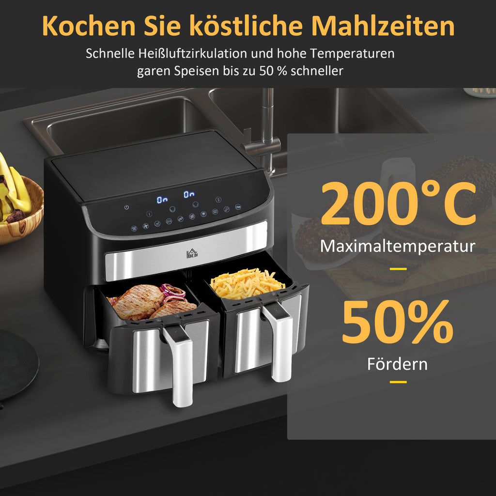 HOMCOM Heißluftfritteuse Multifunktionale Heißluftfritteuse,  8 L Fassungsvermögen, 2 Körbe, 60 min Time, Silber + Schwarz