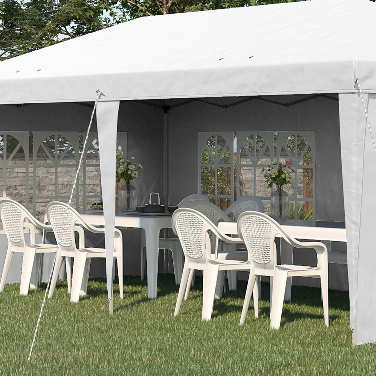 Outsunny Faltpavillon, Partyzelt, 4 große Fenster, abnehmbare Seitenwände, Metallrahmen, 5,85 x 2,95 x 2,7 m, Weiß