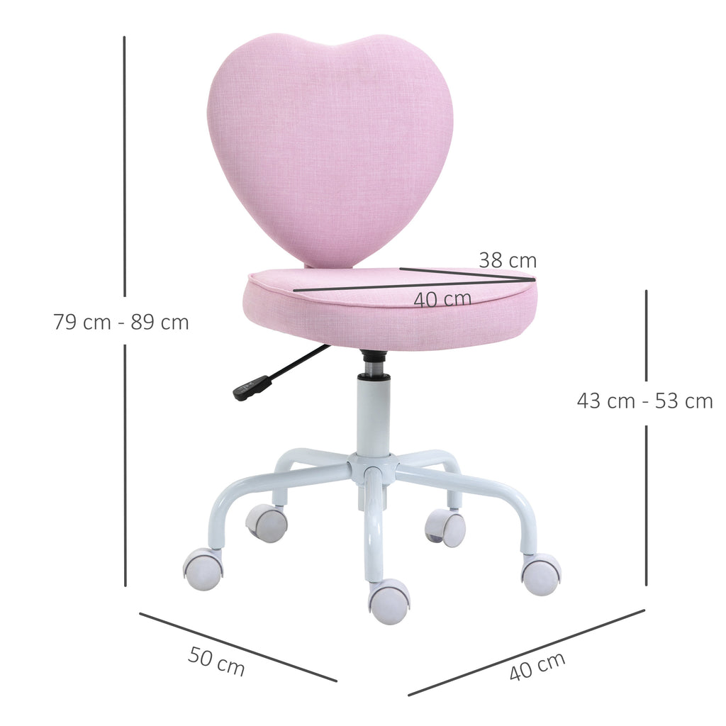 HOMCOM Drehstuhl, niedliches Herz-Design, höhenverstellbar, Stoffbezug in Leinenoptik, rosa, 40 x 50 x 79-89 cm