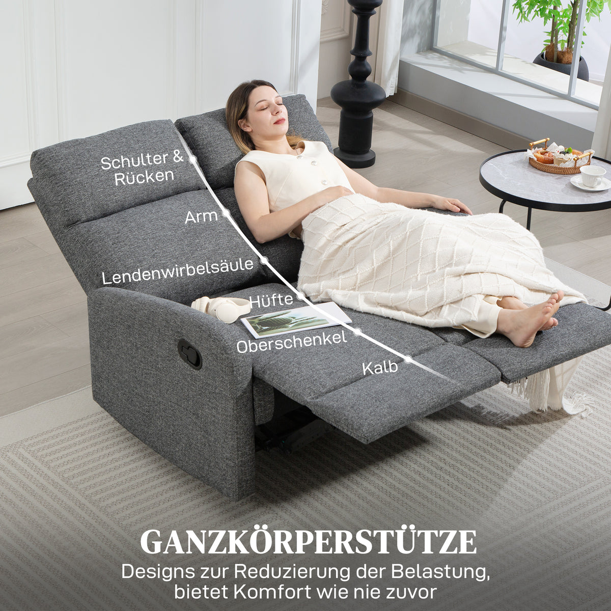 HOMCOM 2-Sitzer-Sofa, individuell verstellbare Rückenlehnen, Fußstütze, Stoffbezug, Stahl, Grau