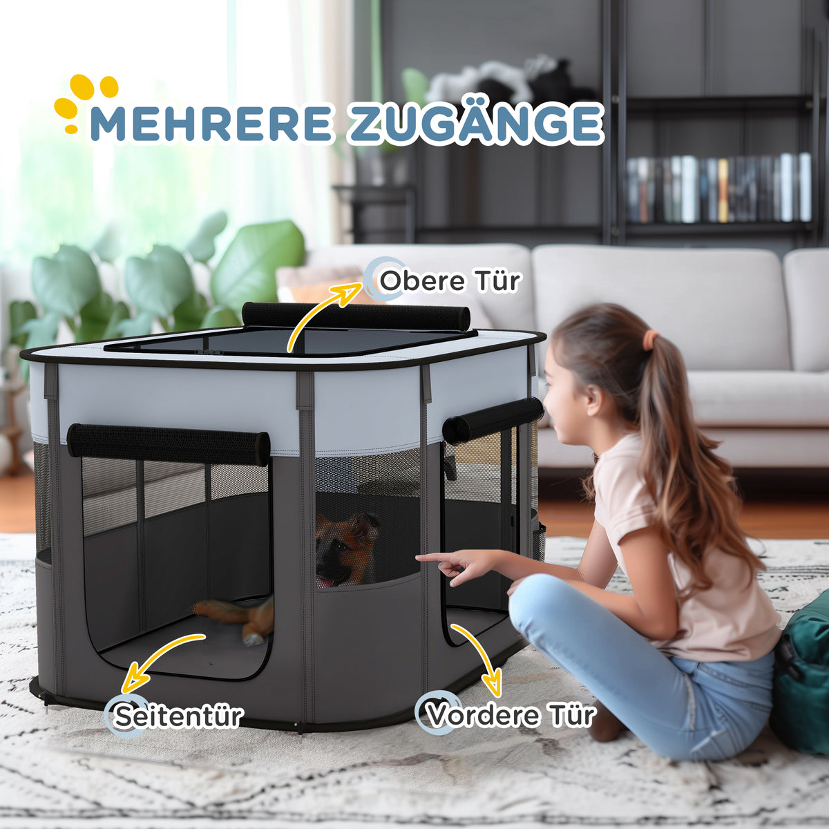 PawHut Spielgehege für Haustiere, faltbar, mit Aufbewahrungstasche, für Welpen und Kätzchen, drinnen und draußen, Grau