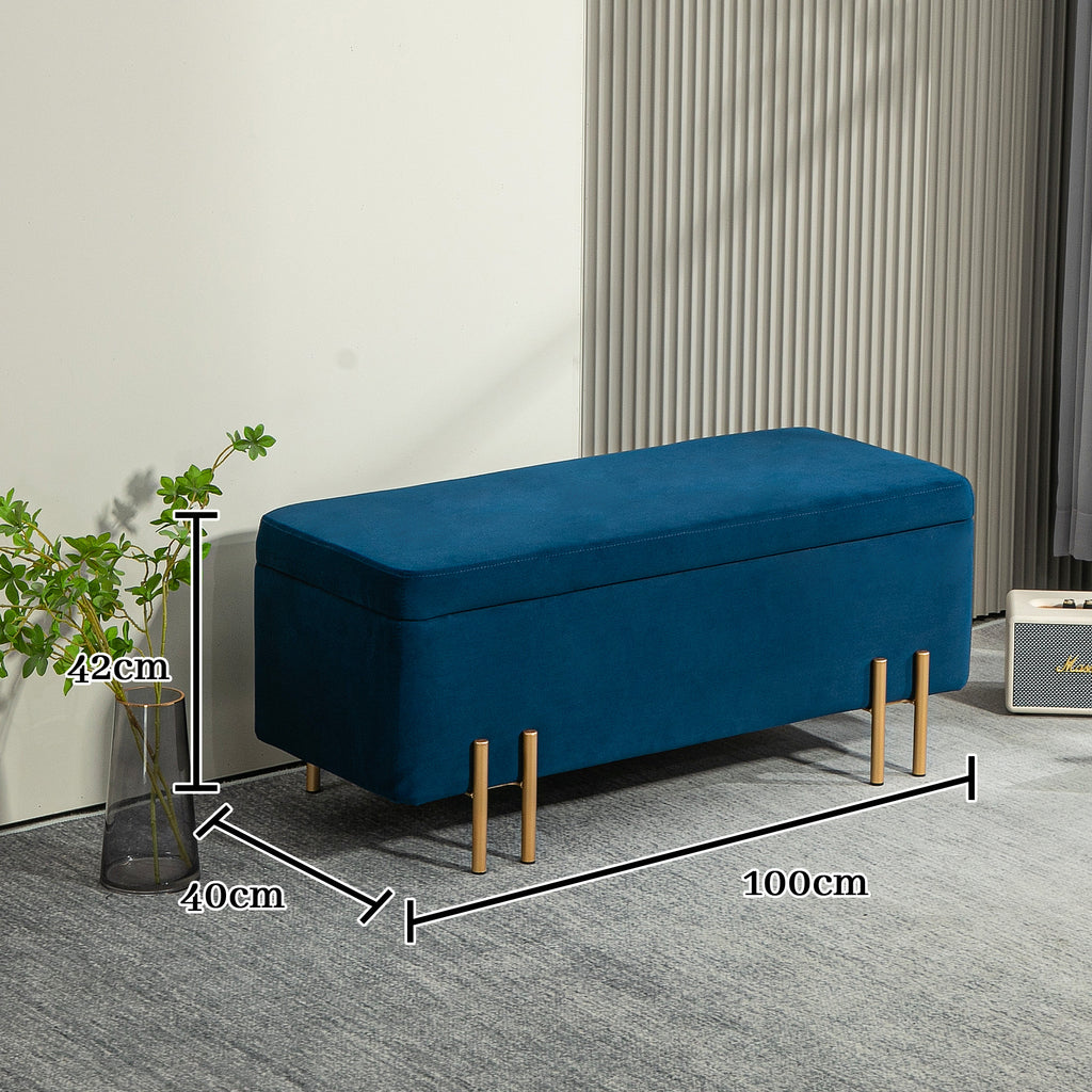 HOMCOM Sitzbank, Polsterbank mit Stauraum, Metall, Kautschukholz, Schaumstoff, 100 x 40 x 42 cm, Dunkelblau