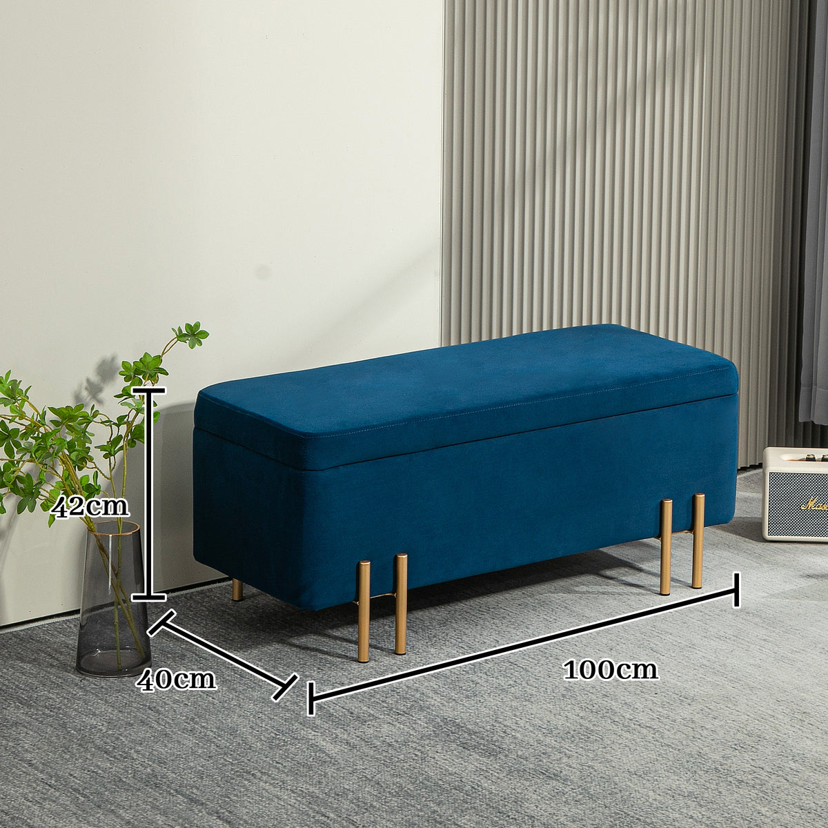 HOMCOM Sitzbank, Polsterbank mit Stauraum, Metall, Kautschukholz, Schaumstoff, 100 x 40 x 42 cm, Dunkelblau