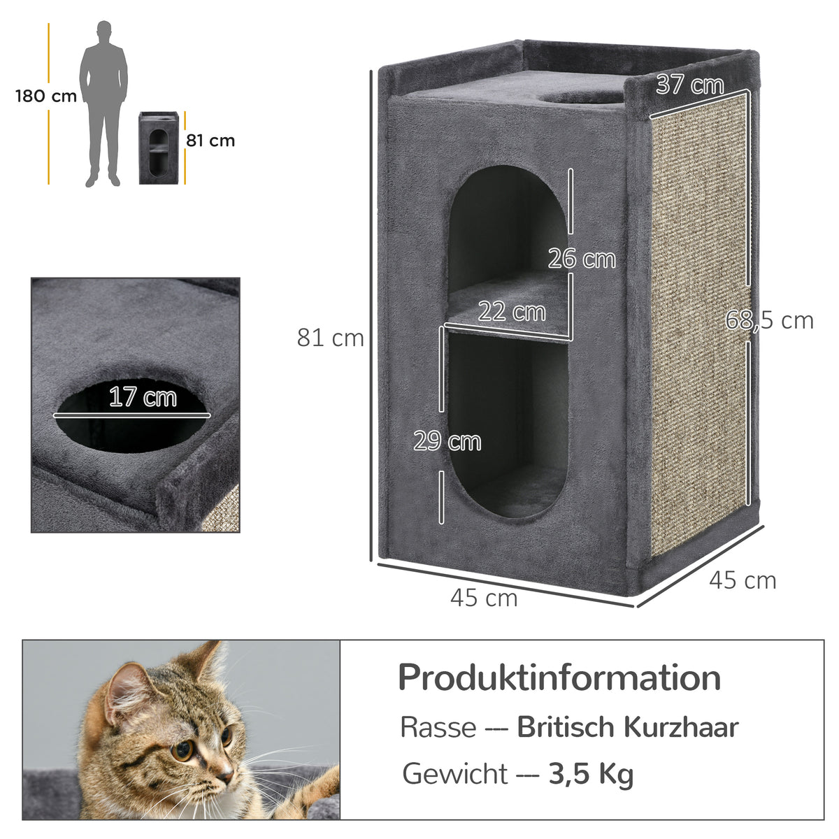 PawHut Kratztonne mit 2 Katzenhöhlen, 1 Liegefläche, Sisal-Kratzmatte, Plüsch, Grau + Natur