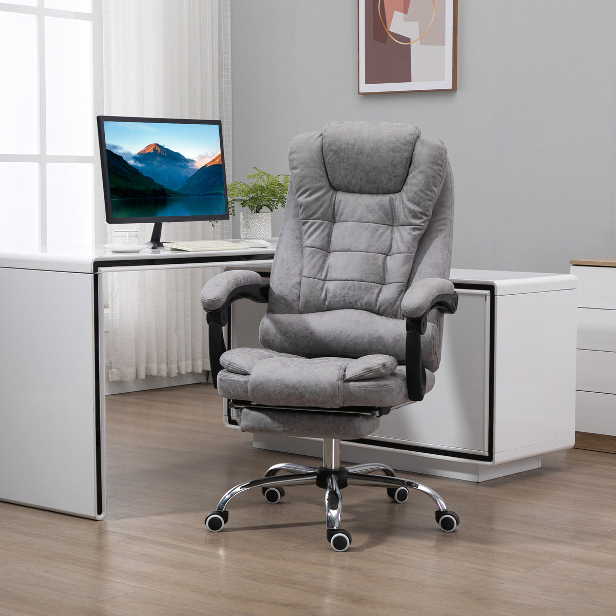 Vinsetto Bürostuhl mit Massagefunktion, Ergonomischer Schreibtischstuhl mit Liege- & Wärmefunktion, Fernbedienung, Grau