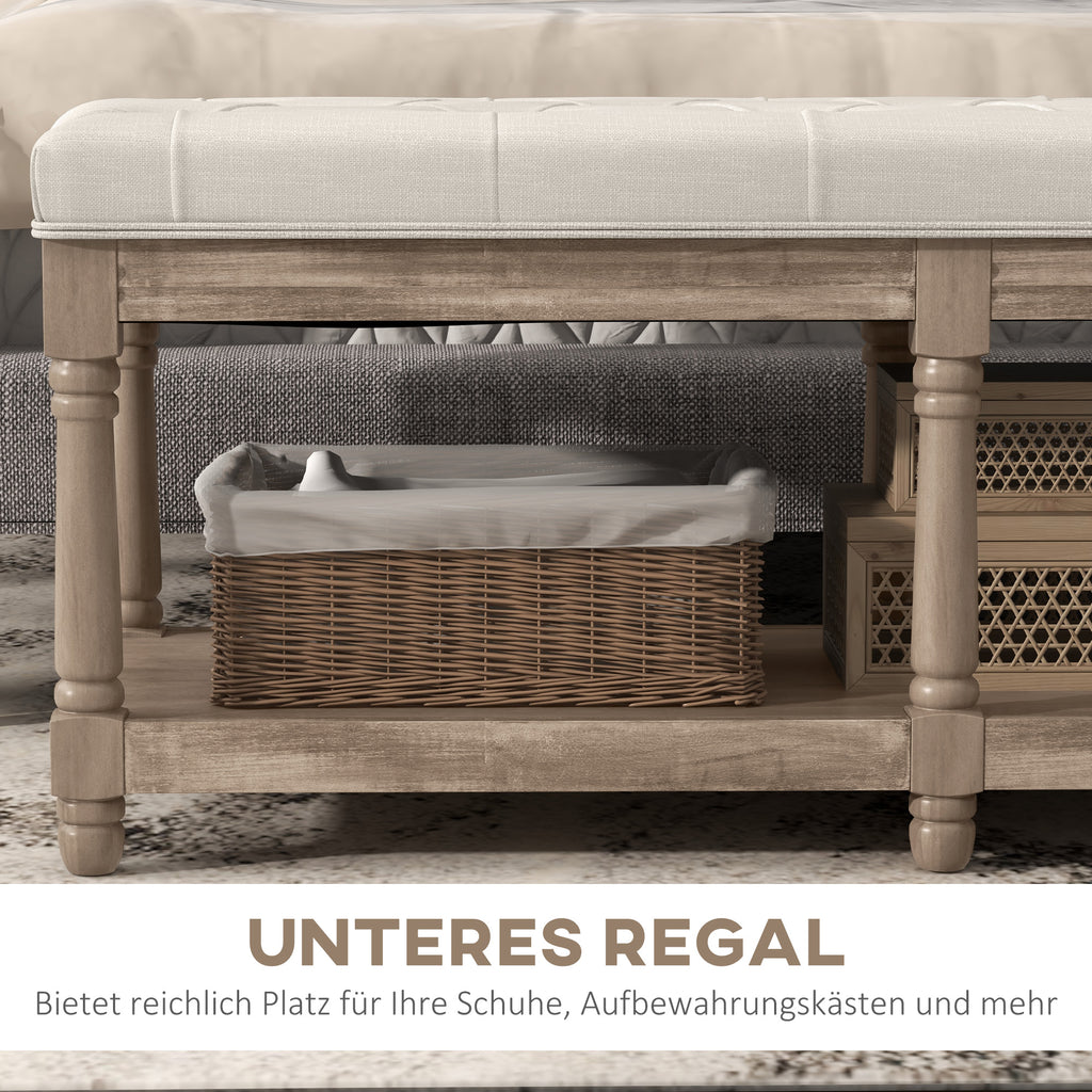 HOMCOM Sitzbank mit Stauraum, Vintage-Design, Knopfheftung, Kautschukbaumholz, 115x40x48cm, Cremeweiß