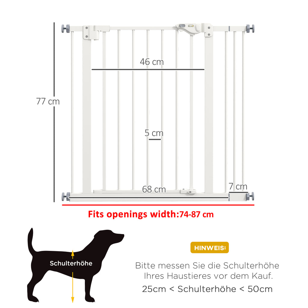 PawHut Türschutzgitter für Hunde, Absperrgitter, Schutzgitter für Haustiere, Metall, Kunststoff, 74-87 cm, Weiß