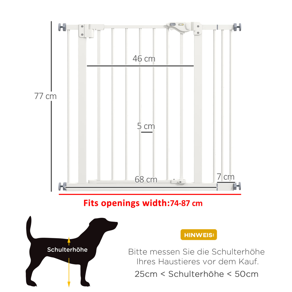 PawHut Türschutzgitter für Hunde, Absperrgitter, Schutzgitter für Haustiere, Metall, Kunststoff, 74-87 cm, Weiß