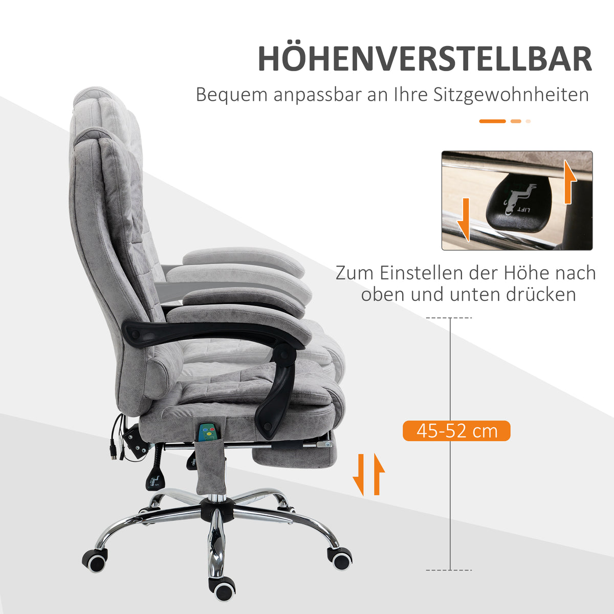 Vinsetto Bürostuhl mit Massagefunktion, Ergonomischer Schreibtischstuhl mit Liege- & Wärmefunktion, Fernbedienung, Grau