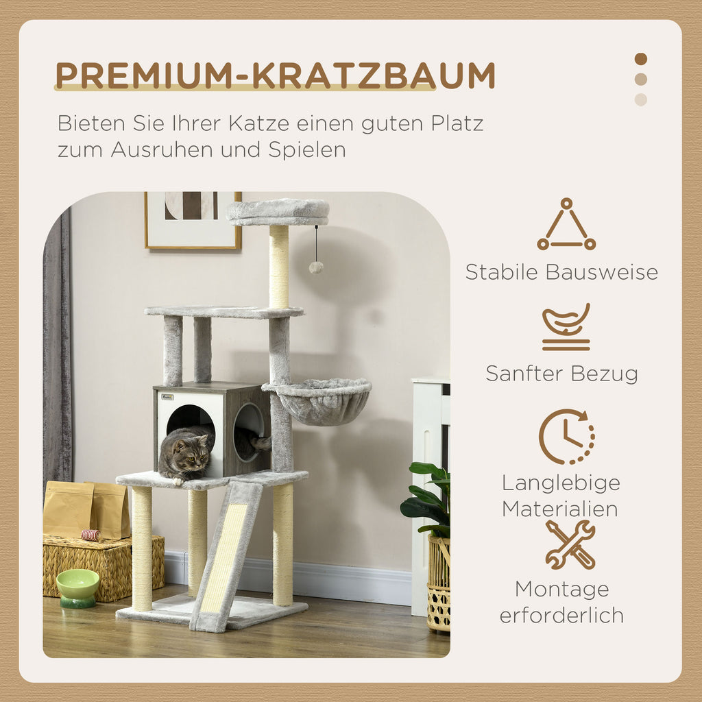 PawHut Kratzbaum mit Katzenhöhle. Katzenbaum, 1 Katzenhöhle, 1Hängematte, 1 Katzenbett, 1 Liegefläche, Natur+ Weiß + Grau