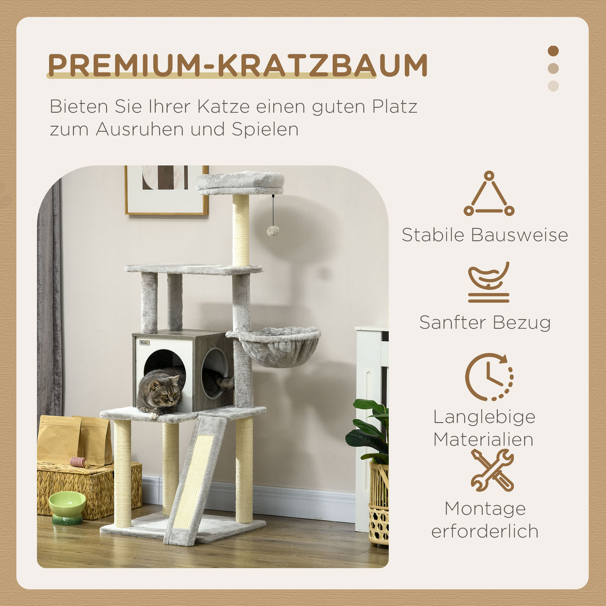 PawHut Kratzbaum mit Katzenhöhle. Katzenbaum, 1 Katzenhöhle, 1Hängematte, 1 Katzenbett, 1 Liegefläche, Natur+ Weiß + Grau