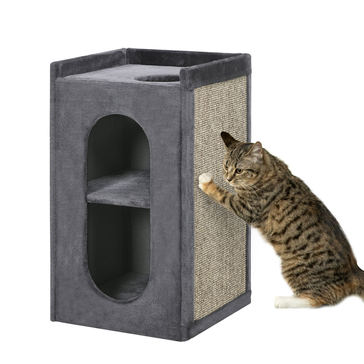 PawHut Kratztonne mit 2 Katzenhöhlen, 1 Liegefläche, Sisal-Kratzmatte, Plüsch, Grau + Natur