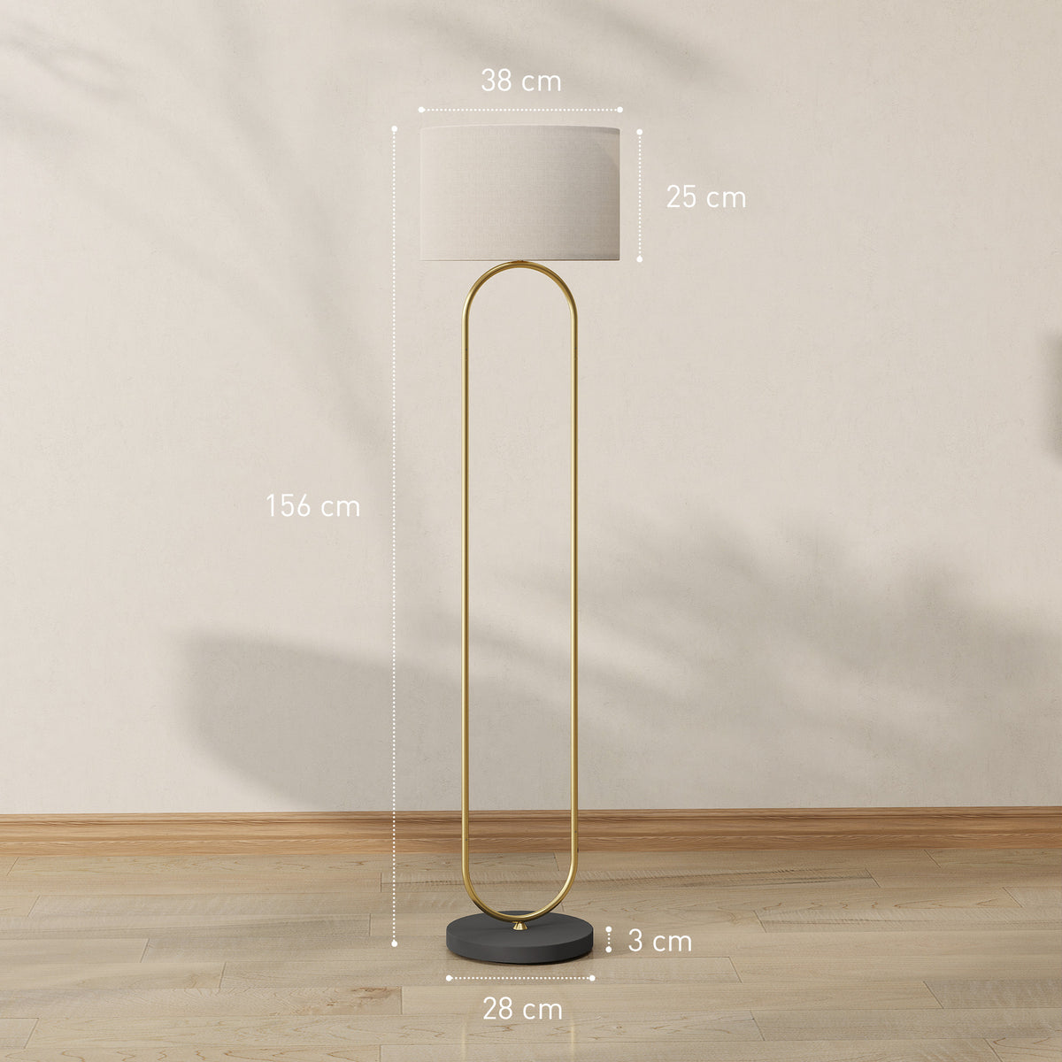 HOMCOM Stehlampe mit Leinenschirm und E27-Fassung, moderner Stil, Fußschalter für Wohnzimmer und Schlafzimmer, 156 cm, gold und schwarz