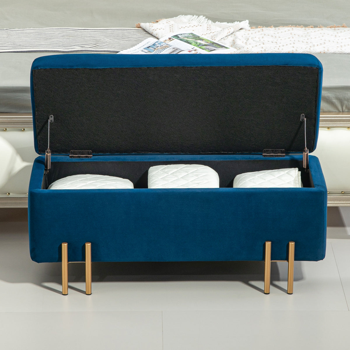 HOMCOM Sitzbank, Polsterbank mit Stauraum, Metall, Kautschukholz, Schaumstoff, 100 x 40 x 42 cm, Dunkelblau