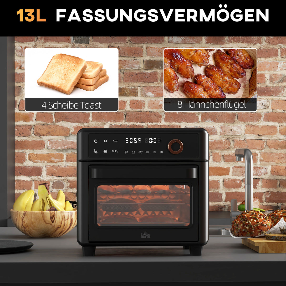 HOMCOM Minibackofen, Heißluftfritteuse, 40-220° C, 12 Programme, Zubehör, Schwarz