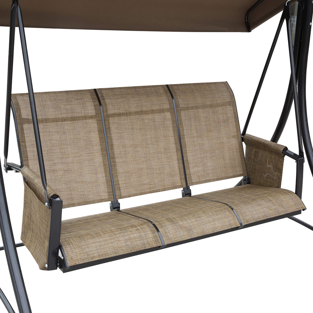 Outsunny 3-Sitzer Hollywoodschaukel, Gartenschaukel mit Sonnendach, Schaukelbank mit Ablage, Aluminium, 196 x 128 x 172 cm, Braun