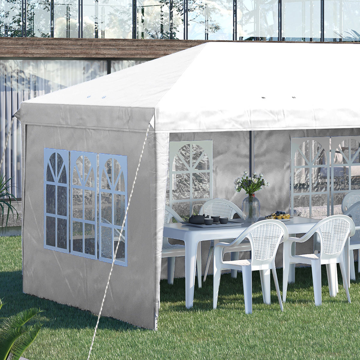 Outsunny Faltpavillon, Partyzelt, 4 große Fenster, abnehmbare Seitenwände, Metallrahmen, 5,85 x 2,95 x 2,7 m, Weiß