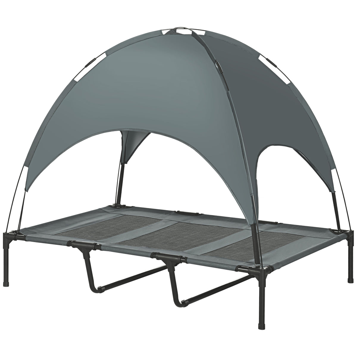 PawHut Erhöhtes Hundebett mit Baldachin, Haustierbett, Hundeliege outdoor mit Dach, Atmungsaktiv, Taftstoff für Camping Grau 122 x 92 x 108 cm