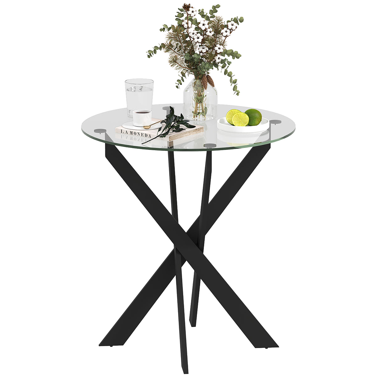 HOMCOM Moderner Glas-Esstisch, 70 cm Durchmesser, Küchentisch mit gehärteter Glasplatte und Metallbeinen, für 4 Personen