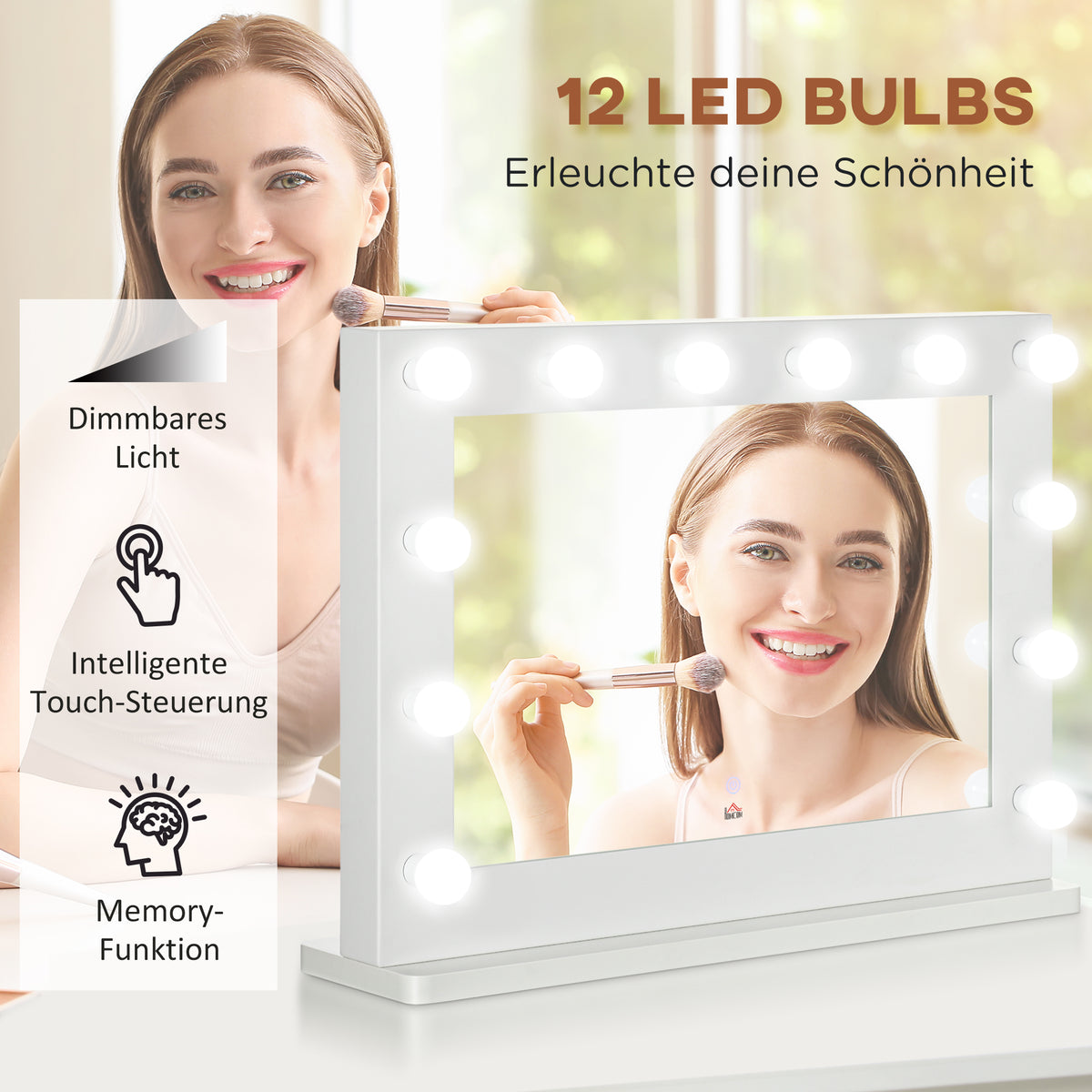 HOMCOM Hollywood Spiegel mit Beleuchtung, Touch-Steuerung, Memory-Funktion, 12 dimmbare LED-Lampen, weiß, 80 x 60 cm