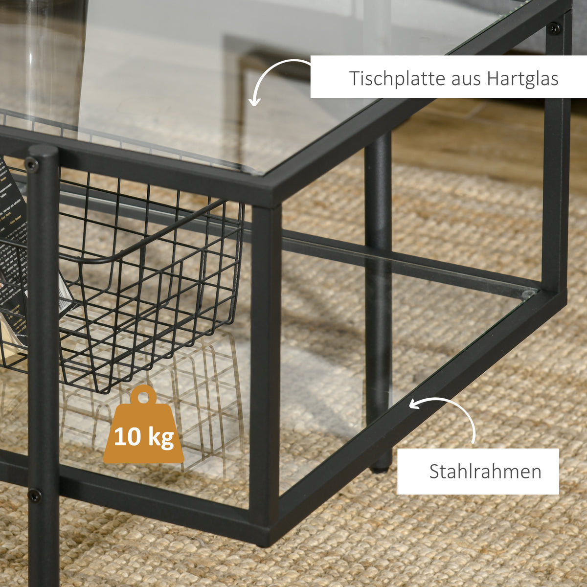 HOMCOM Couchtisch mit Ablage, verstellbare Füße, Stahlrahmen, Glasplatte, 100 x 55 x 45,5 cm, Weiß