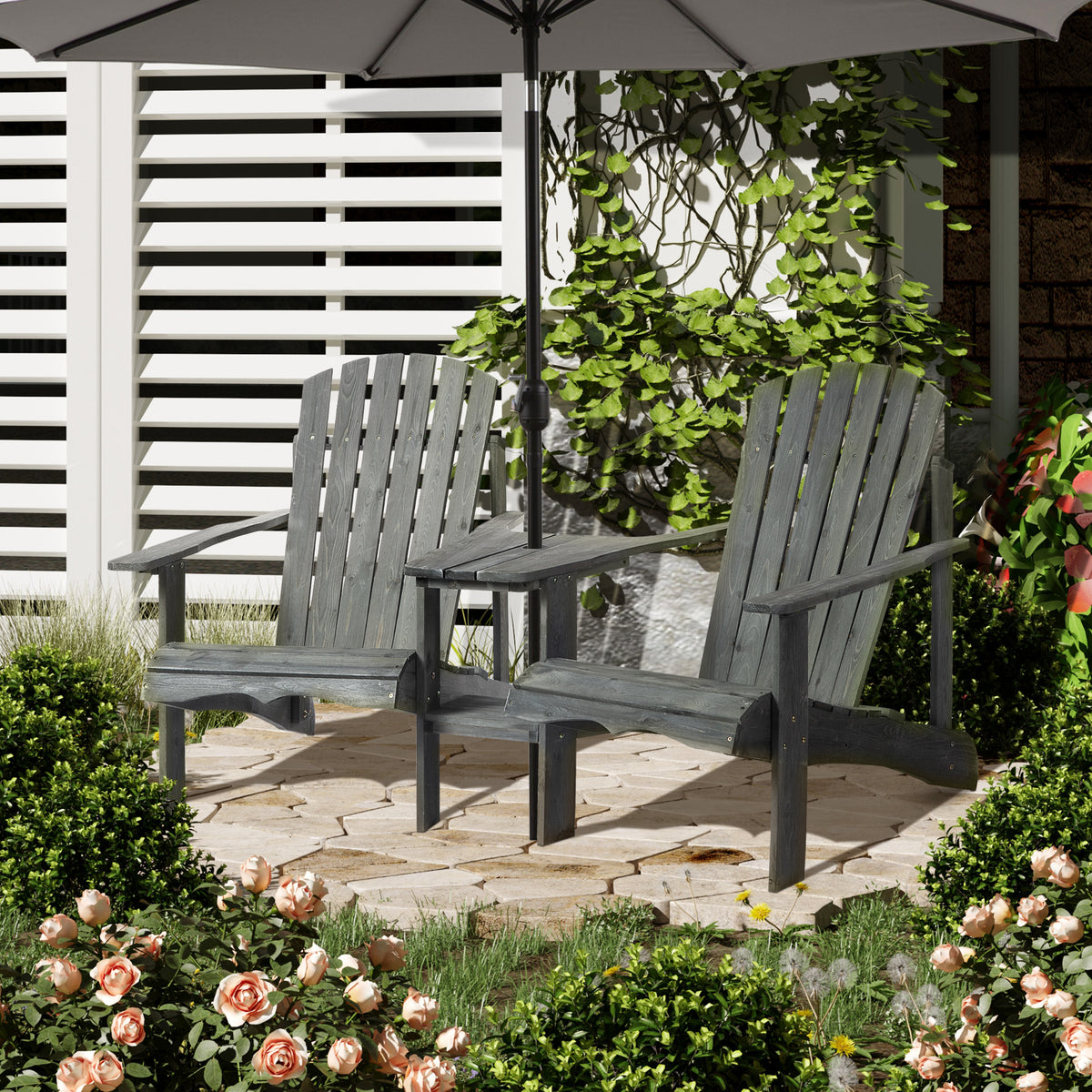 Outsunny Adirondack Gartenstuhl mit Tisch und Schirmloch 2 Sitzer Gartensessel Sitzgruppe Gartenmöbel für Balkon Massivholz Grau 178 x 87 x 92 cm