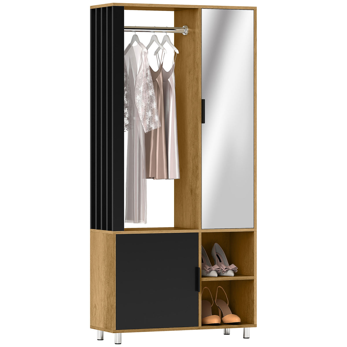 HOMCOM Kleiderschrank mit Spiegel und Hängestange, Aufbewahrungsfächer, offene Ablageflächen, Naturholz, Schwarz