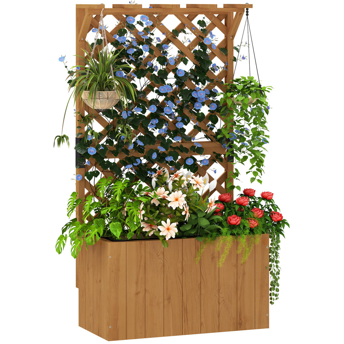 Outsunny Hochbeet Pflanzkasten mit Rankgitter, Spalier Pflanzkübel Blumenkasten Holz, Gartenspalier 64 x 33 x 122cm Naturholz