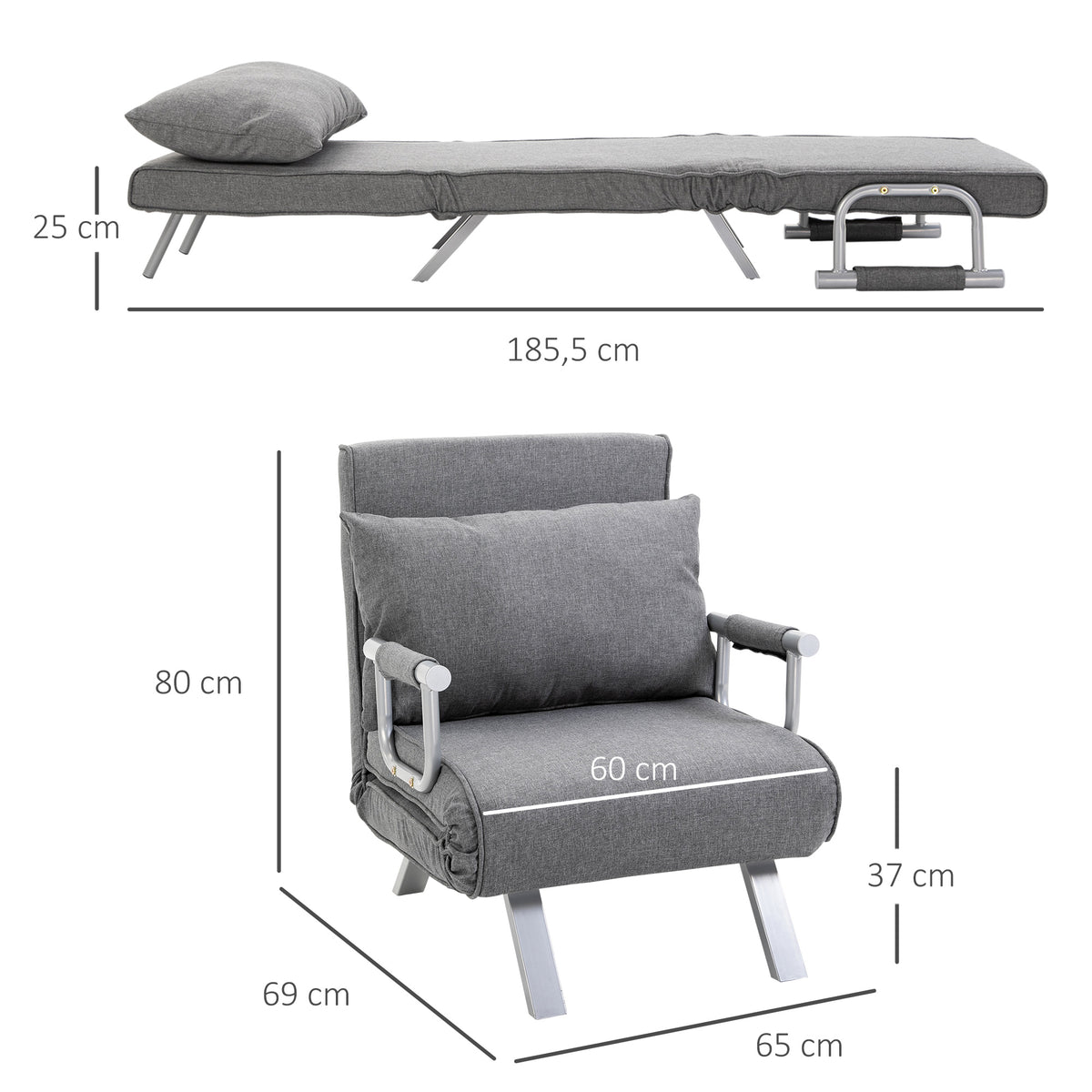 HOMCOM Relaxsessel Liegesessel Sessel, Liegefunktion, Gästebett, 65 cm x 69 cm x 80 cm, Grau