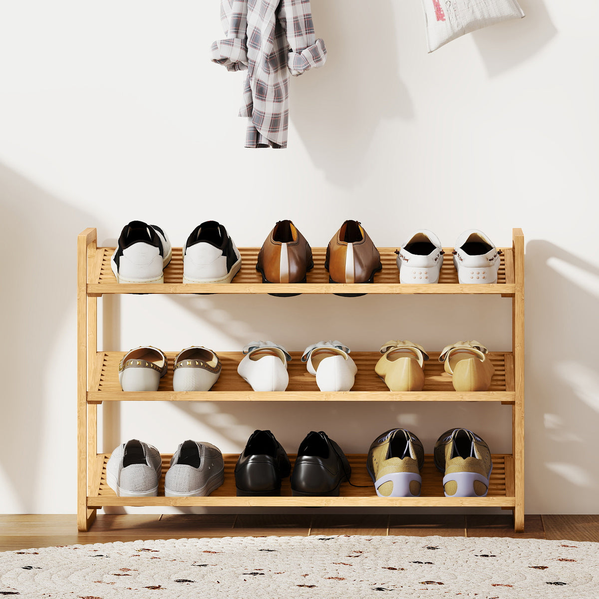 HOMCOM Bambusregal, Schuhregal, Flurregal, 3-stufiges Design, 30 kg Belastbarkeit, Holz