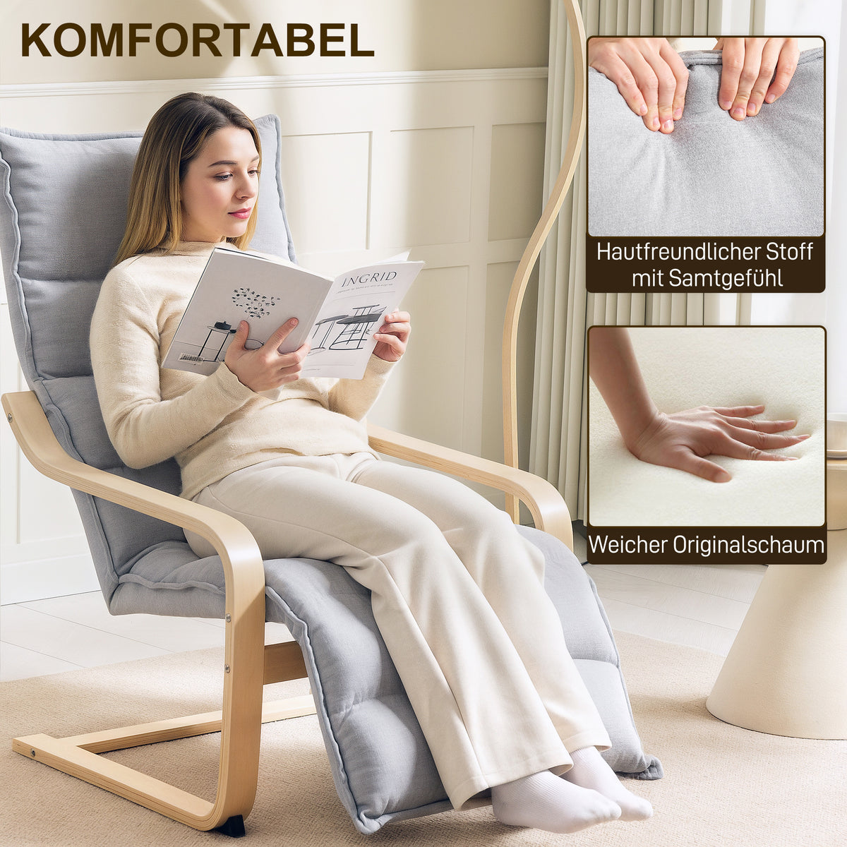HOMCOM Lounge-Sessel aus Birkenholz, Polstersessel mit verstellbarer Fußstütze, Moderner Armlehnstuhl, Hellgrau