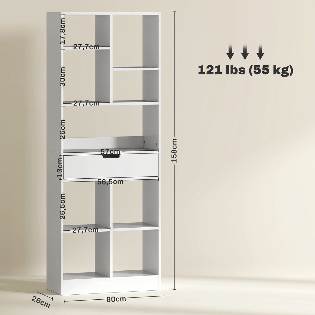 HOMCOM Bücherregal, Mehrzweckregal, 9 Fächer, Schublade, Kippschutz, 60 x 26 x 158 cm, Weiß