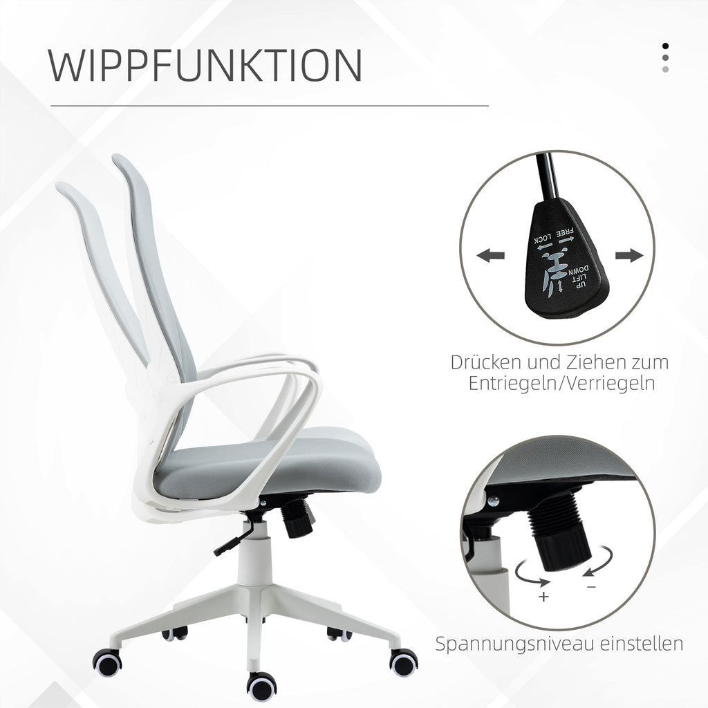 Vinsetto Bürostuhl mit Wippfunktion, Höhenverstellbar, bis 120 kg, Ergonomisch, Drehbar, 62x56x110-119,5cm, Hellgrau