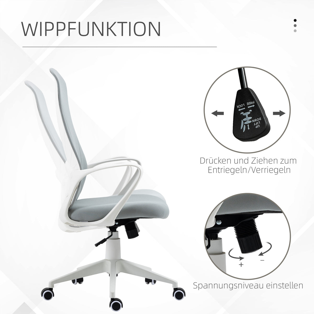 Vinsetto Bürostuhl mit Wippfunktion, Höhenverstellbar, bis 120 kg, Ergonomisch, Drehbar, 62x56x110-119,5cm, Hellgrau
