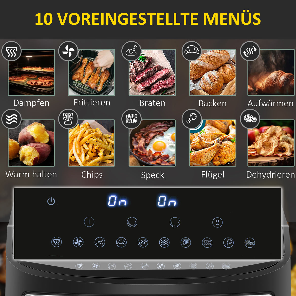 HOMCOM Heißluftfritteuse Multifunktionale Heißluftfritteuse,  8 L Fassungsvermögen, 2 Körbe, 60 min Time, Silber + Schwarz