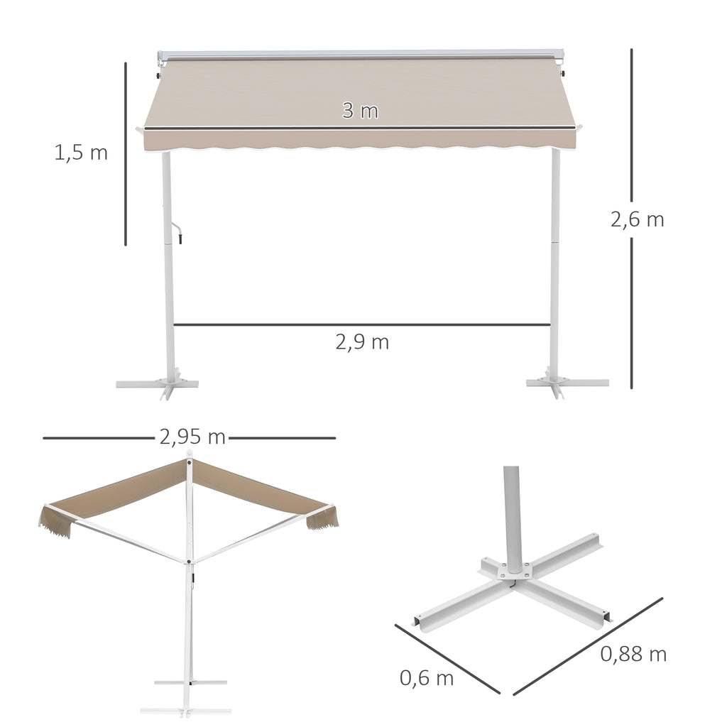 Outsunny Standmarkise Gartenmarkise Markise mit Faltarm Kurbel Terrasse Creme 3x3m