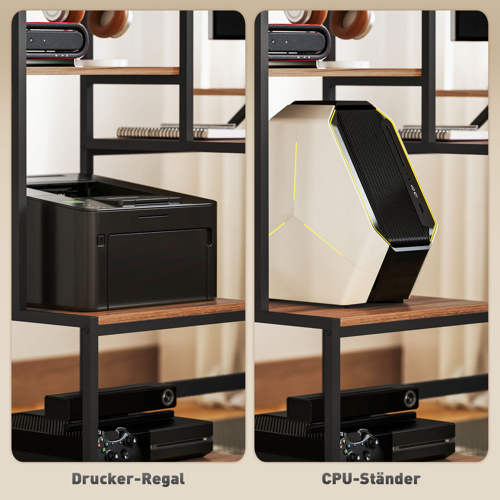 HOMCOM Computertisch mit Monitorständer, Schreibtisch mit 4-stufigem Regal, Industrielles Design, Braun