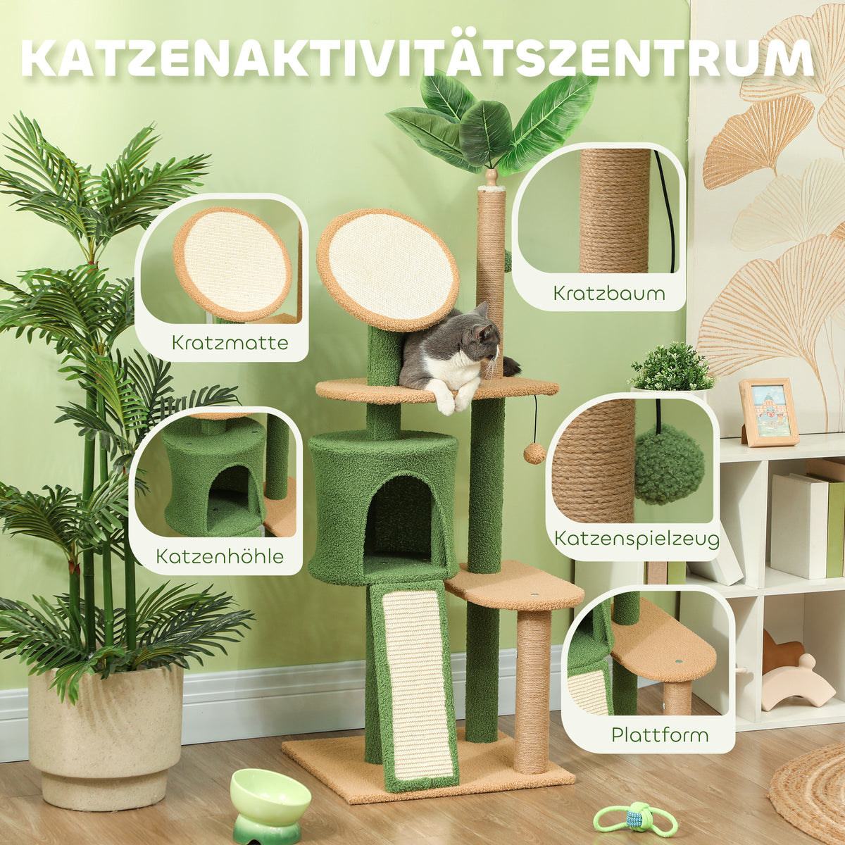 PawHut Kratzbaum, 139 cm Katzenbaum mit Höhle, Spielbällen, Sisal-Kratzpfosten und Plattformen, für zwei Katzen, Grün